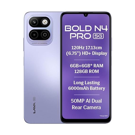 Lava Bold N4 Pro 5G (Opulent Lilac, 6GB RAM, 128GB Storage) | 50MP AI Rear Camera | 6000mAh Battery with 18W Fast Charge | 500K+ Antutu | IP64 Rated |Clean Android 16 |